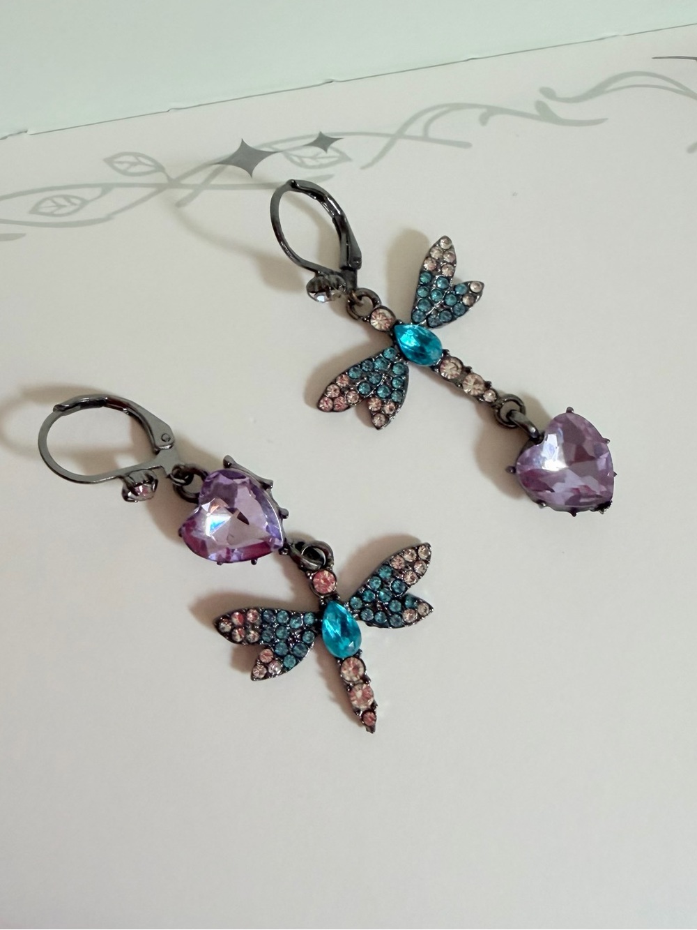 Betsey Johnson Purple Heart & Teal Dragonfly Drop Earrings